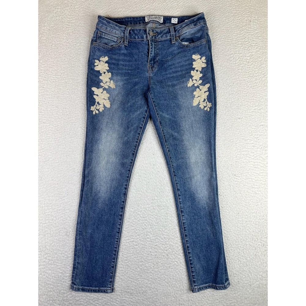 Lucky Brand Lolita Skinny Jeans Womens 4 Blue Mid Rise Floral Embroidered Denim